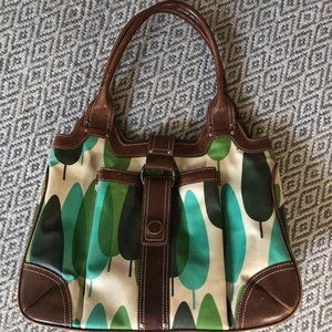 Vintage Orla Kiely blue and green tree bag with leather handles